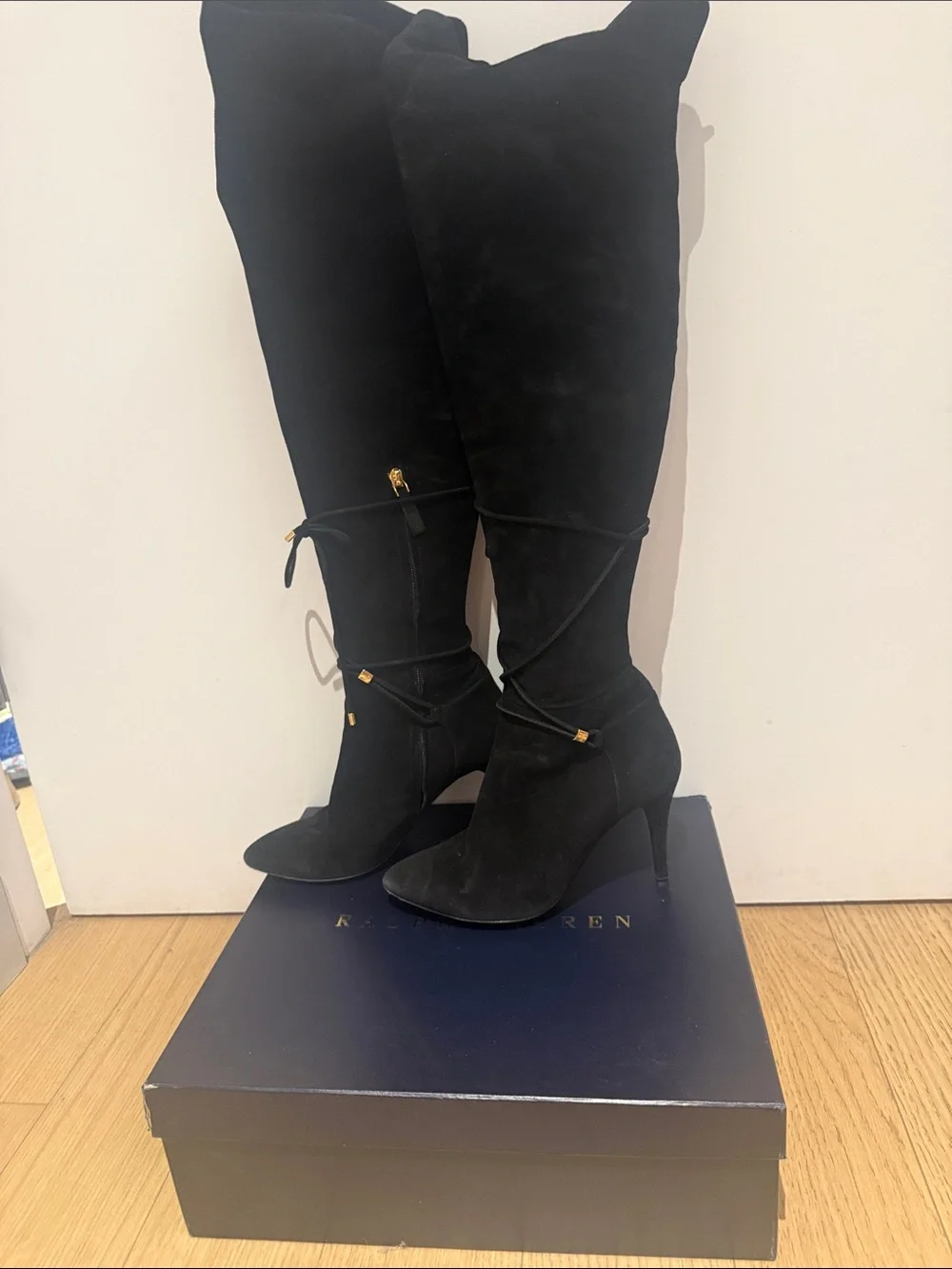Ralph Lauren Collection - Black Suede Over-the-Knee Stiletto Boots with Wrap Tie